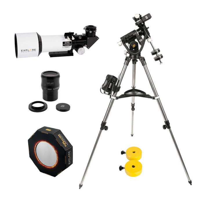 Explore Scientific ED80 Essential Series Air-Spaced Triplet Refractor Telescope with iEXOS-100-2 PMC-Eight Equatorial Tracker System with WiFi and Bluetooth, 2 Extra Counterweights, Field Flattener and Solar Filter