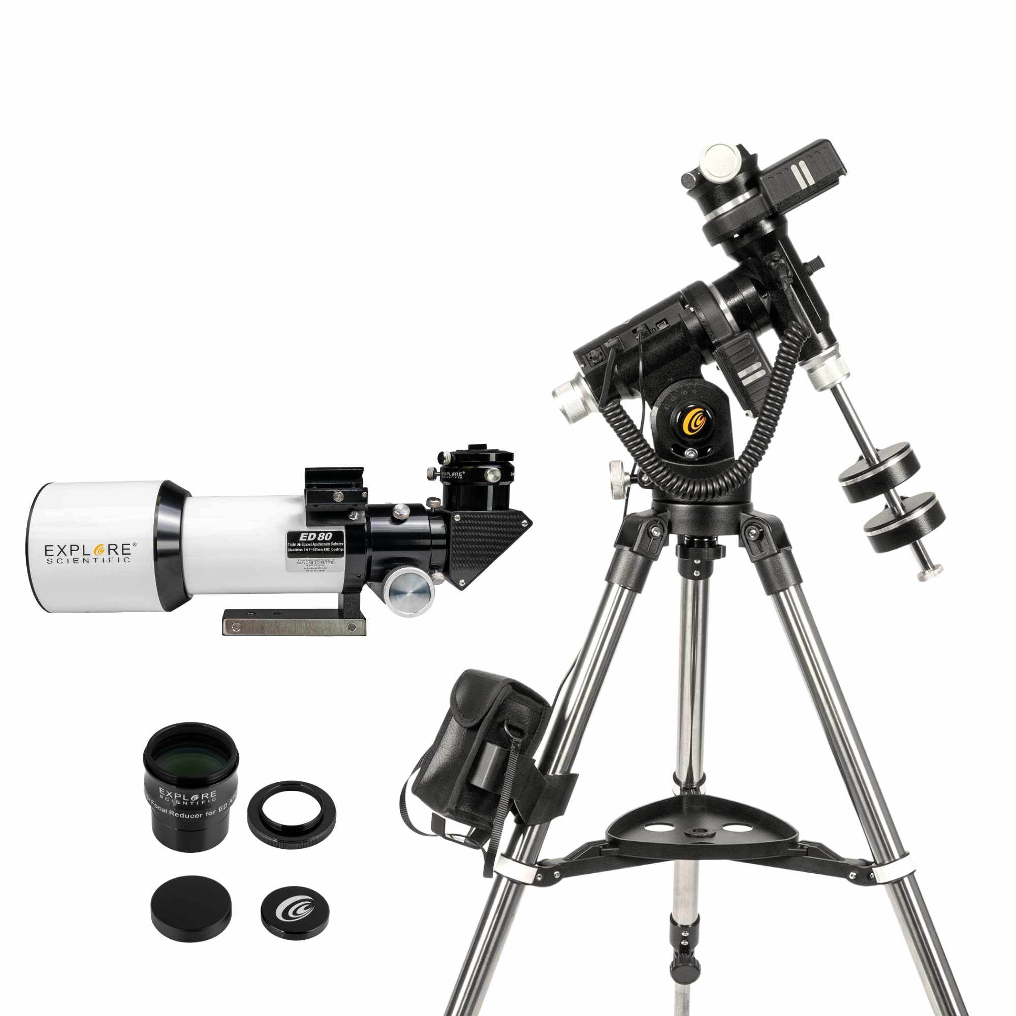 ED80 Essential Series Air-Spaced Triplet Refractor Telescope with 0.8x Focal Reducer and iEXOS-100-2 PMC-Eight Equatorial Tracker System